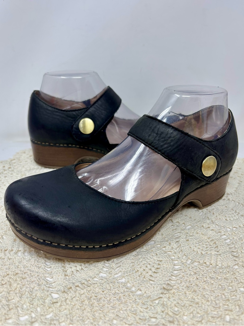 Dansko Women's Beatrice Mary Jane Clogs Black Nubuck Leather Heels w/ Straps